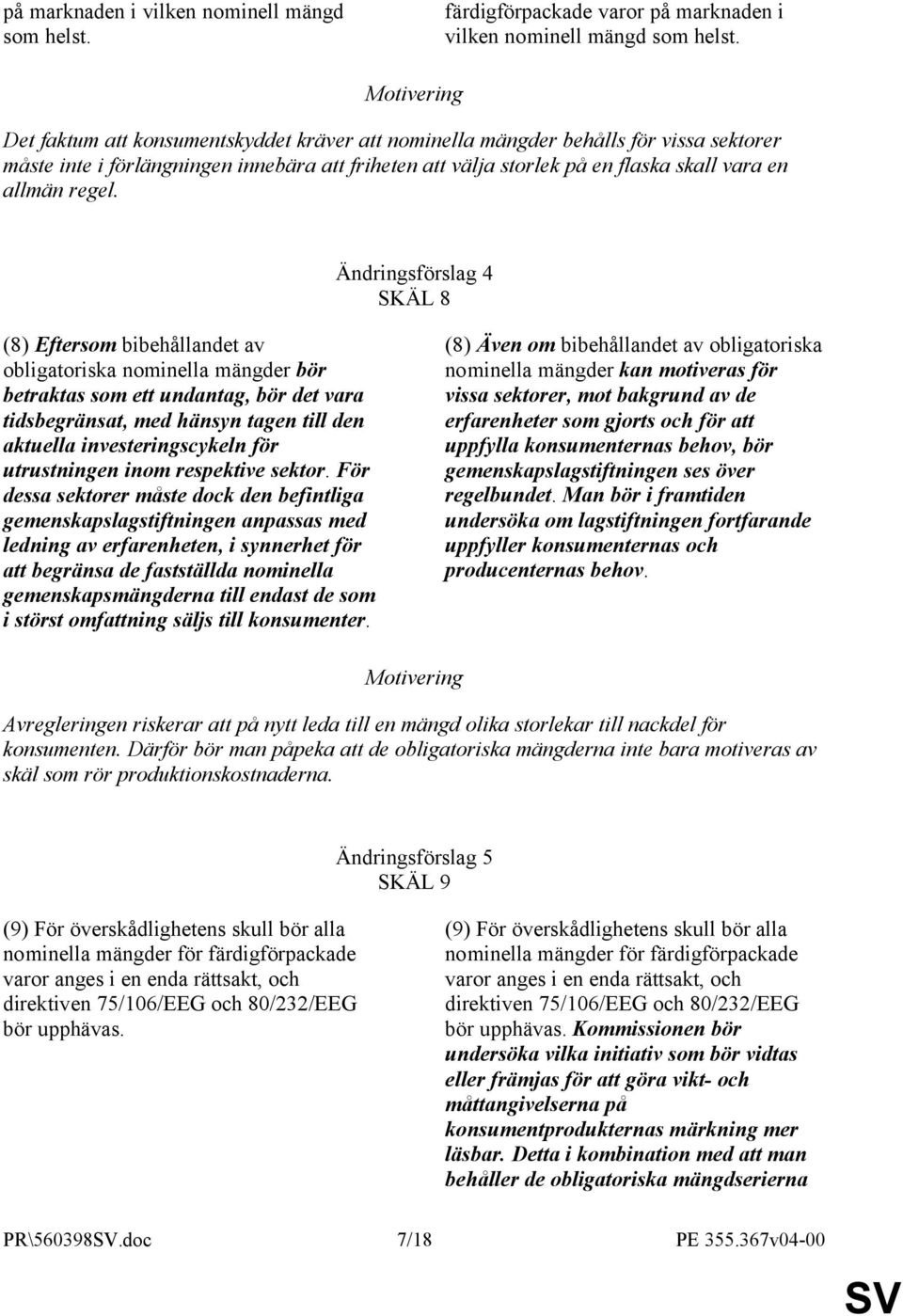 Ändringsförslag 4 SKÄL 8 (8) Eftersom bibehållandet av obligatoriska nominella mängder bör betraktas som ett undantag, bör det vara tidsbegränsat, med hänsyn tagen till den aktuella