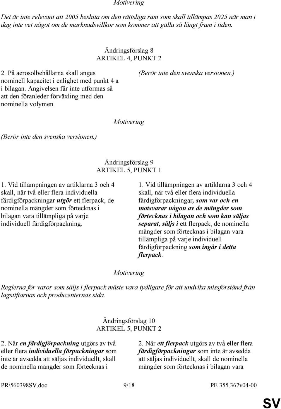Angivelsen får inte utformas så att den föranleder förväxling med den nominella volymen. (Berör inte den svenska versionen.) (Berör inte den svenska versionen.) Ändringsförslag 9 ARTIKEL 5, PUNKT 1 1.