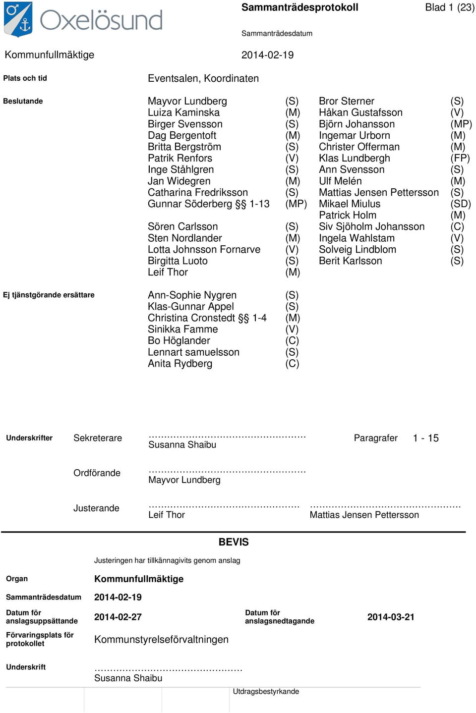 Catharina Fredriksson (S) Mattias Jensen Pettersson (S) Gunnar Söderberg 1-13 (MP) Mikael Miulus (SD) Patrick Holm (M) Sören Carlsson (S) Siv Sjöholm Johansson (C) Sten Nordlander (M) Ingela Wahlstam