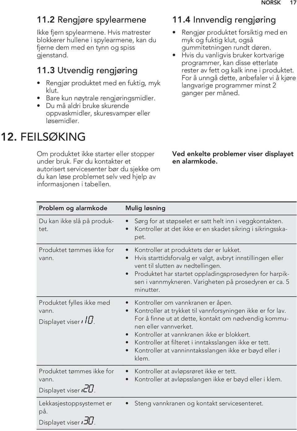 Før du kontakter et autorisert servicesenter bør du sjekke om du kan løse problemet selv ved hjelp av informasjonen i tabellen. 11.