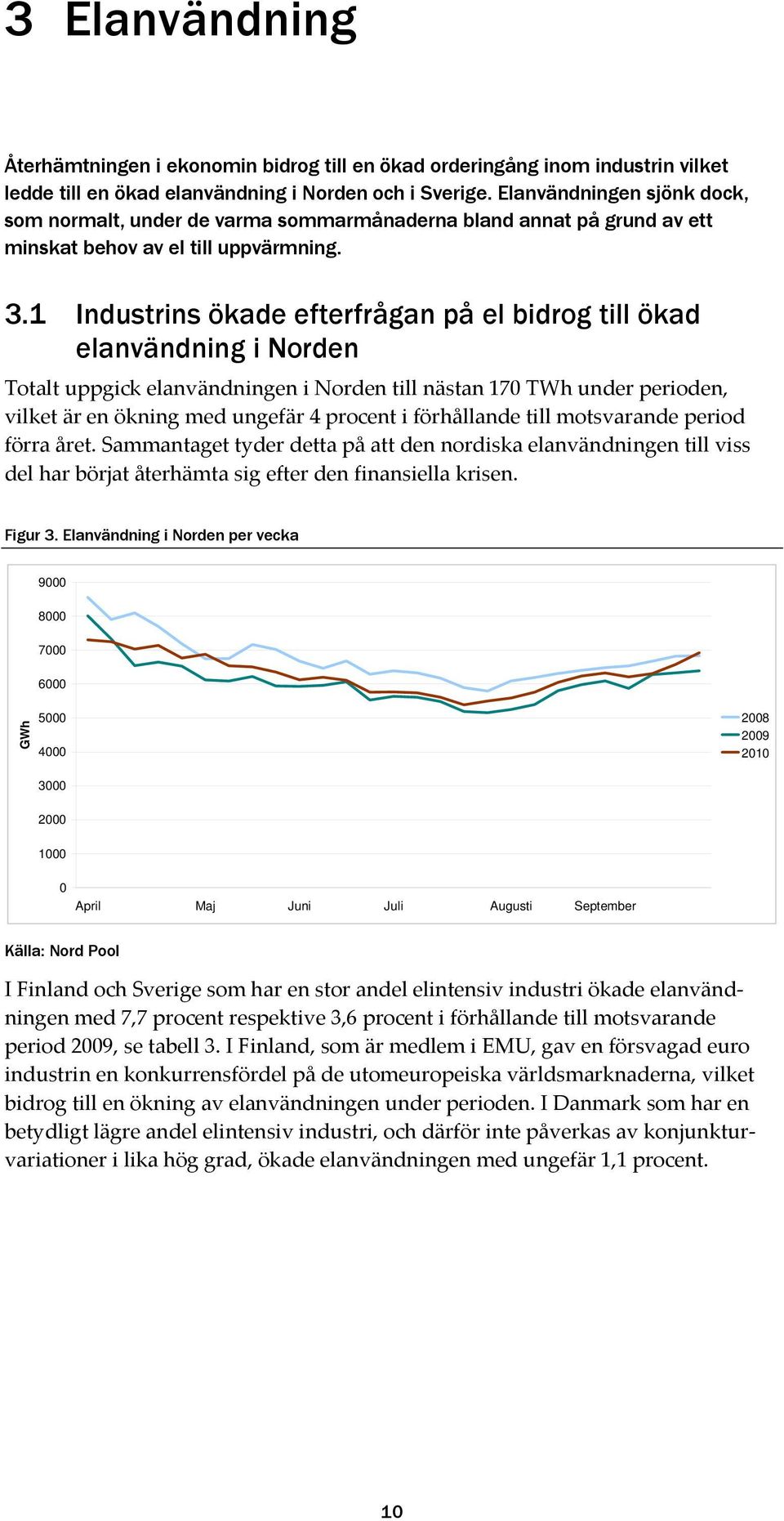1 Industrins ökade efterfrågan på el bidrog till ökad elanvändning i Norden Totalt uppgick elanvändningen i Norden till nästan 17 TWh under perioden, vilket är en ökning med ungefär 4 procent i