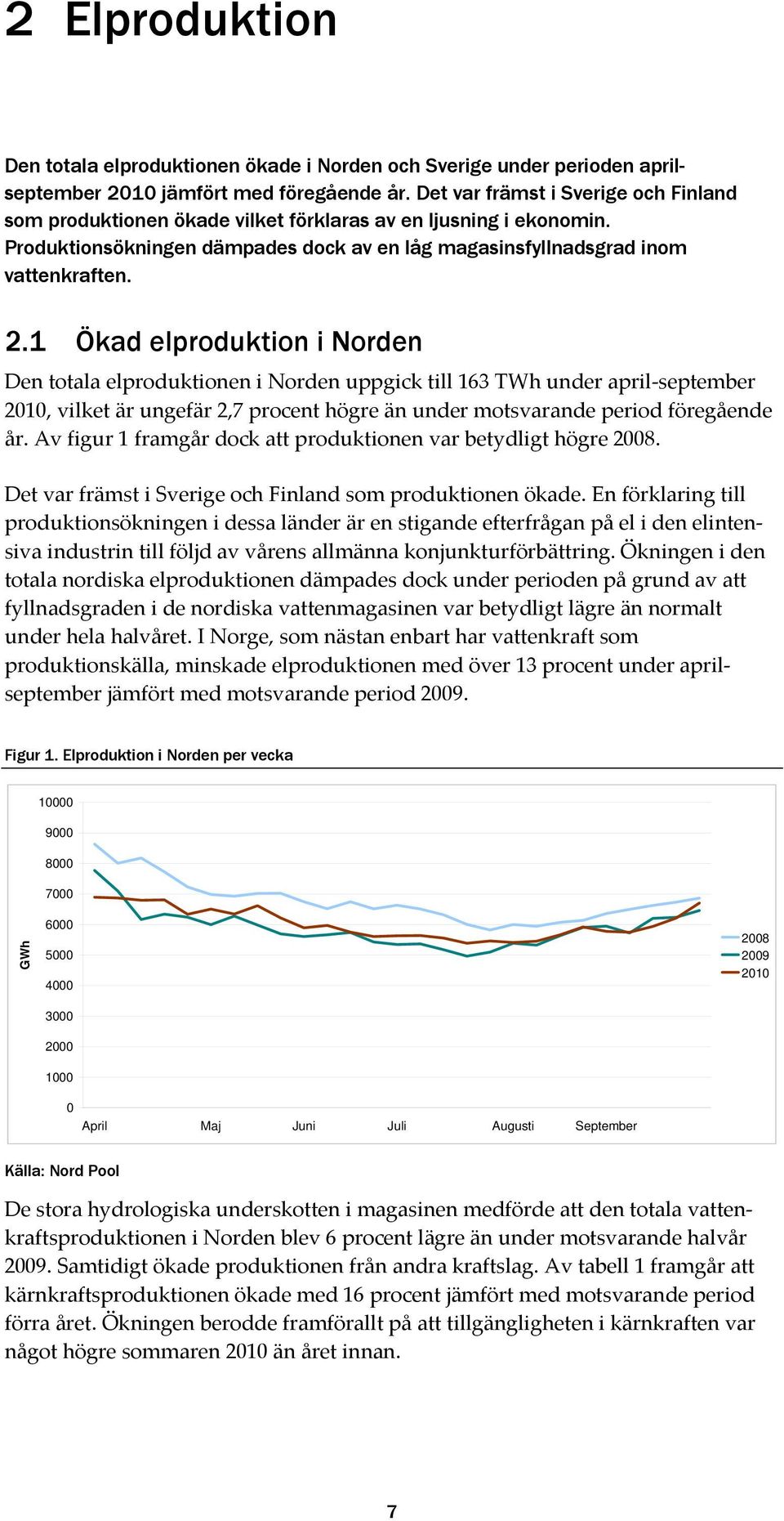 1 Ökad elproduktion i Norden Den totala elproduktionen i Norden uppgick till 163 TWh under april september 21, vilket är ungefär 2,7 procent högre än under motsvarande period föregående år.