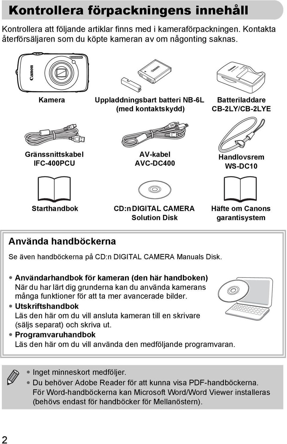 Disk Häfte om Canons garantisystem Använda handböckerna Se även handböckerna på CD:n DIGITAL CAMERA Manuals Disk.