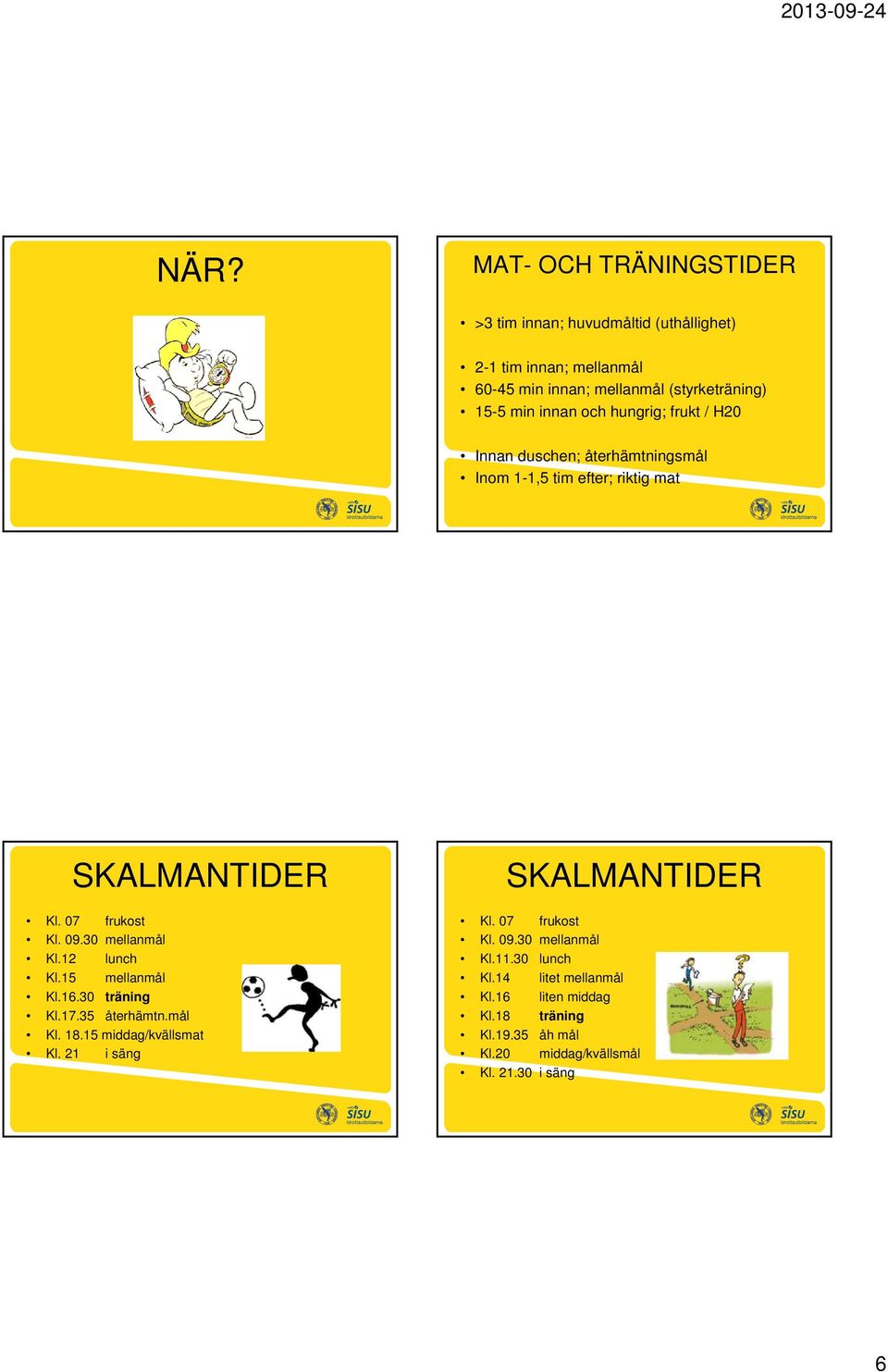 30 mellanmål Kl.12 lunch Kl.15 mellanmål Kl.16.30 träning Kl.17.35 återhämtn.mål Kl. 18.15 middag/kvällsmat Kl. 21 i säng SKALMANTIDER Kl.