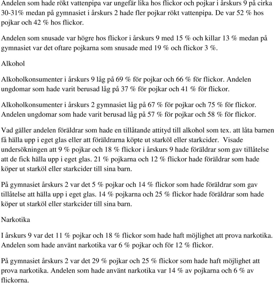 Andelen som snusade var högre hos flickor i årskurs 9 med 15 % och killar 13 % medan på gymnasiet var det oftare pojkarna som snusade med 19 % och flickor 3 %.