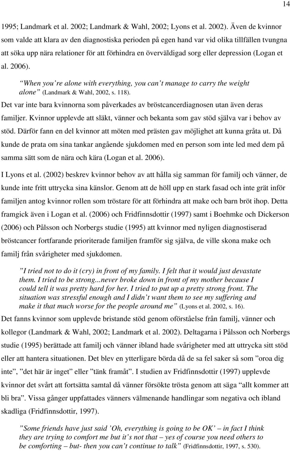 (Logan et al. 2006). When you re alone with everything, you can t manage to carry the weight alone (Landmark & Wahl, 2002, s. 118).