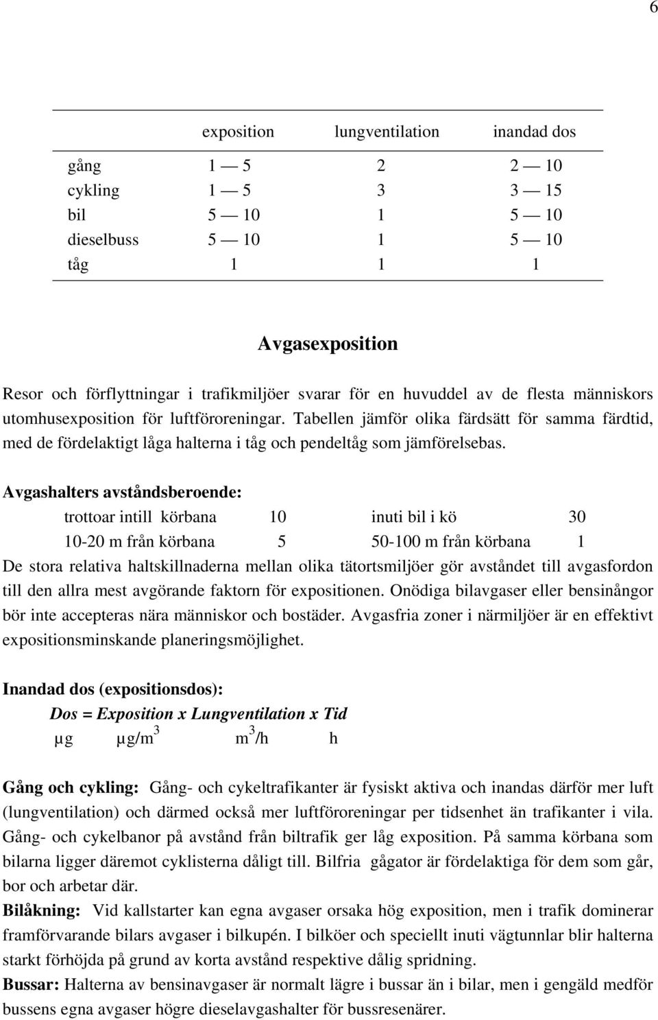 Avgashalters avståndsberoende: trottoar intill körbana 10 inuti bil i kö 30 10-20 m från körbana 5 50-100 m från körbana 1 De stora relativa haltskillnaderna mellan olika tätortsmiljöer gör avståndet