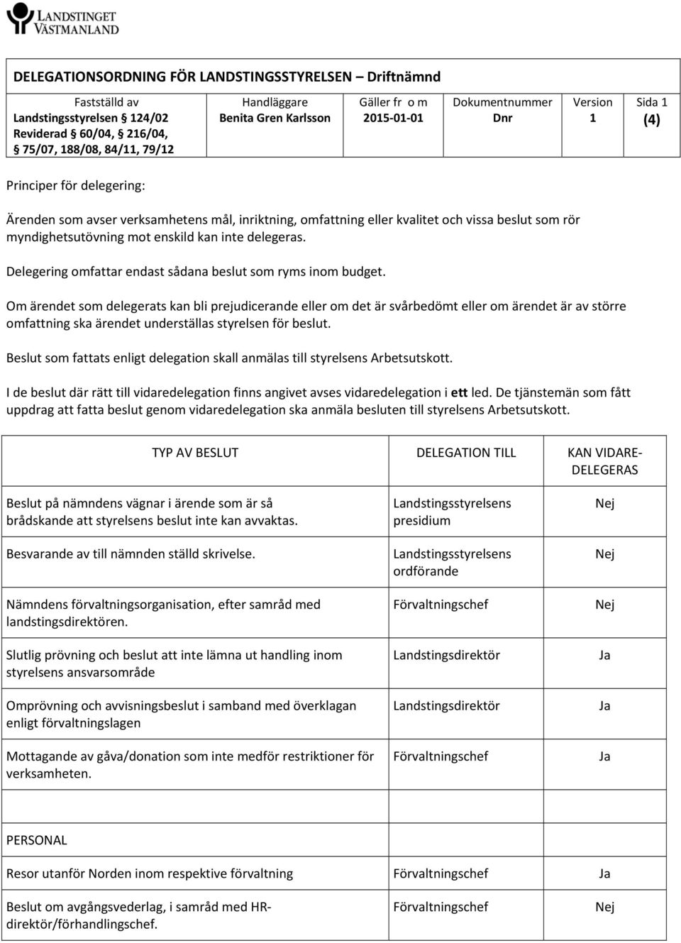 enskild kan inte delegeras. Delegering omfattar endast sådana beslut som ryms inom budget.