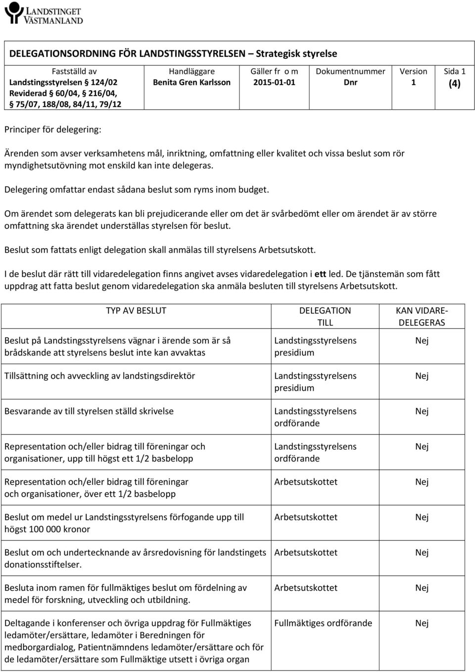 mot enskild kan inte delegeras. Delegering omfattar endast sådana beslut som ryms inom budget.