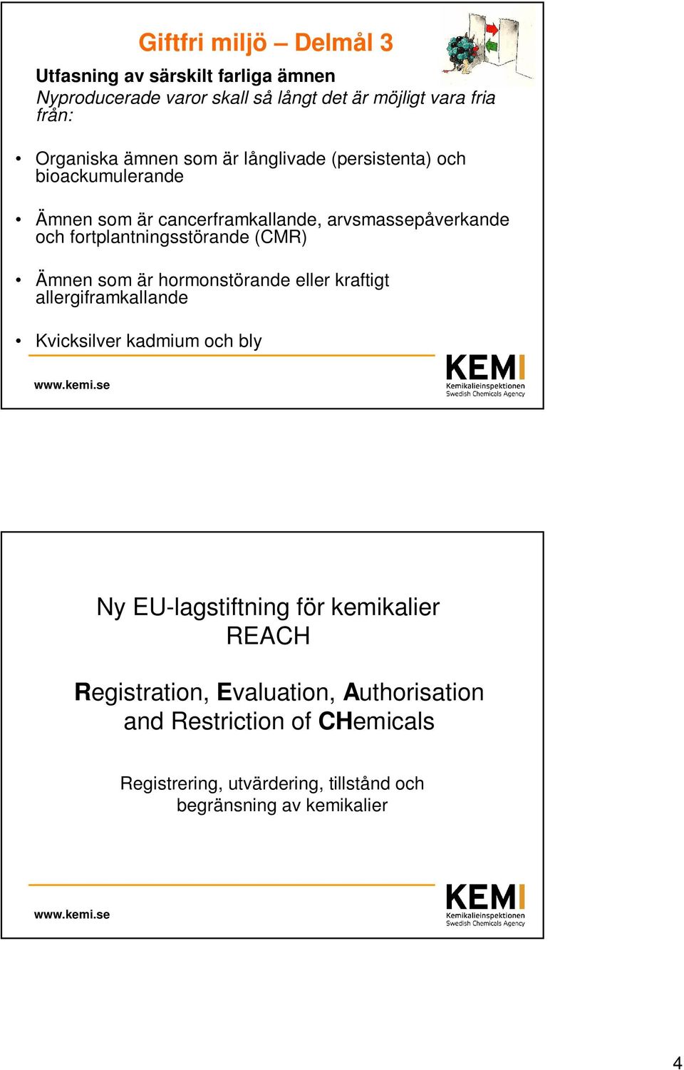 fortplantningsstörande (CMR) Ämnen som är hormonstörande eller kraftigt allergiframkallande Kvicksilver kadmium och bly Ny