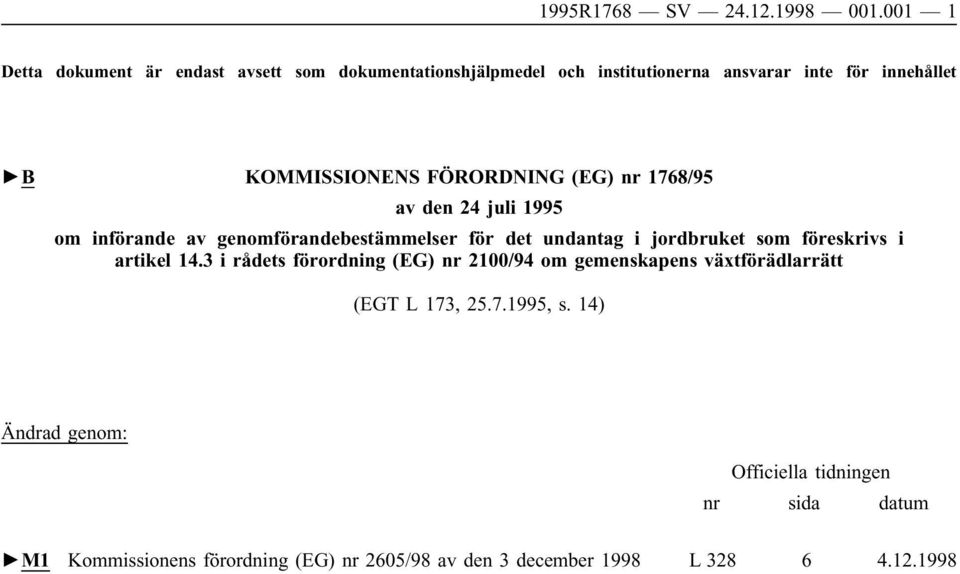 FÖRORDNING (EG) nr 1768/95 av den 24 juli 1995 om införande av genomförandebestämmelser för det undantag i jordbruket som föreskrivs i