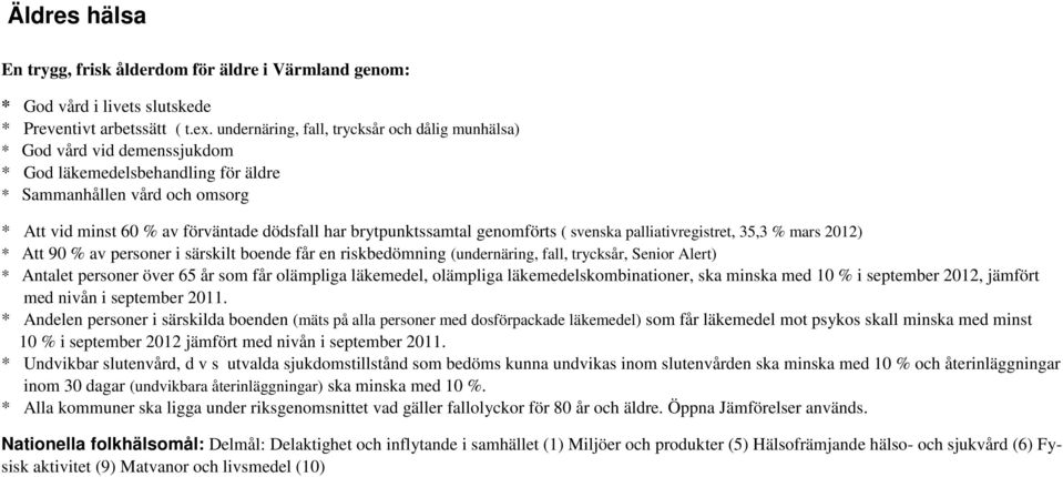 brytpunktssamtal genomförts ( svenska palliativregistret, 35,3 % mars 2012) * Att 90 % av personer i särskilt boende får en riskbedömning (undernäring, fall, trycksår, Senior Alert) * Antalet