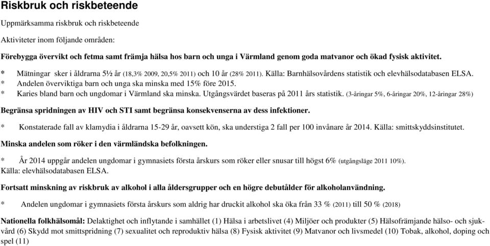 * Andelen överviktiga barn och unga ska minska med 15% före 2015. * Karies bland barn och ungdomar i Värmland ska minska. Utgångsvärdet baseras på 2011 års statistik.