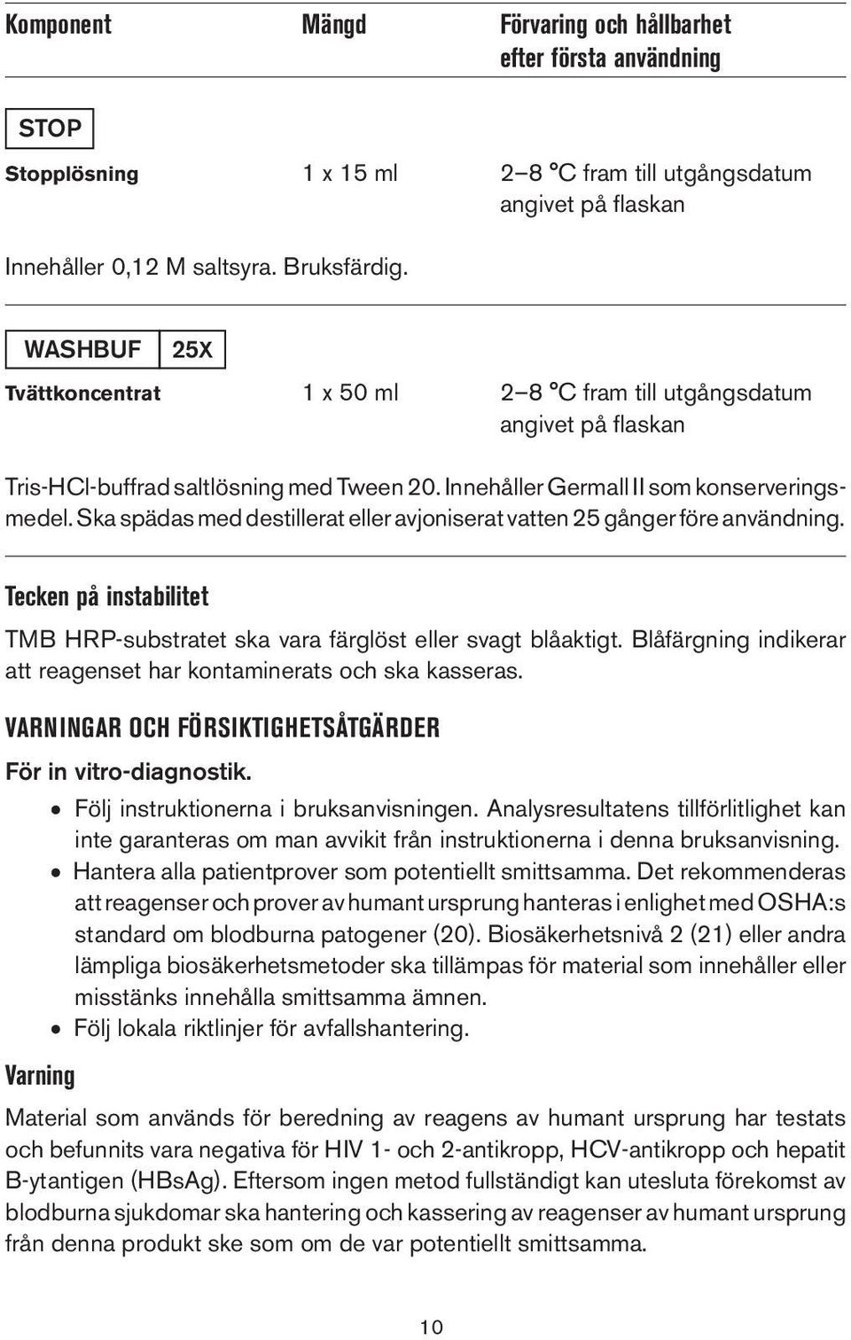 Ska spädas med destillerat eller avjoniserat vatten 25 gånger före användning. Tecken på instabilitet TMB HRP-substratet ska vara färglöst eller svagt blåaktigt.