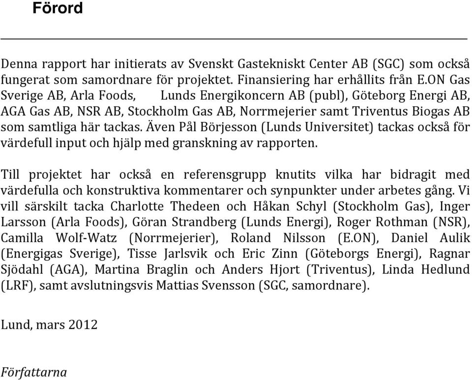 Även Pål Börjesson (Lunds Universitet) tackas också för värdefull input och hjälp med granskning av rapporten.