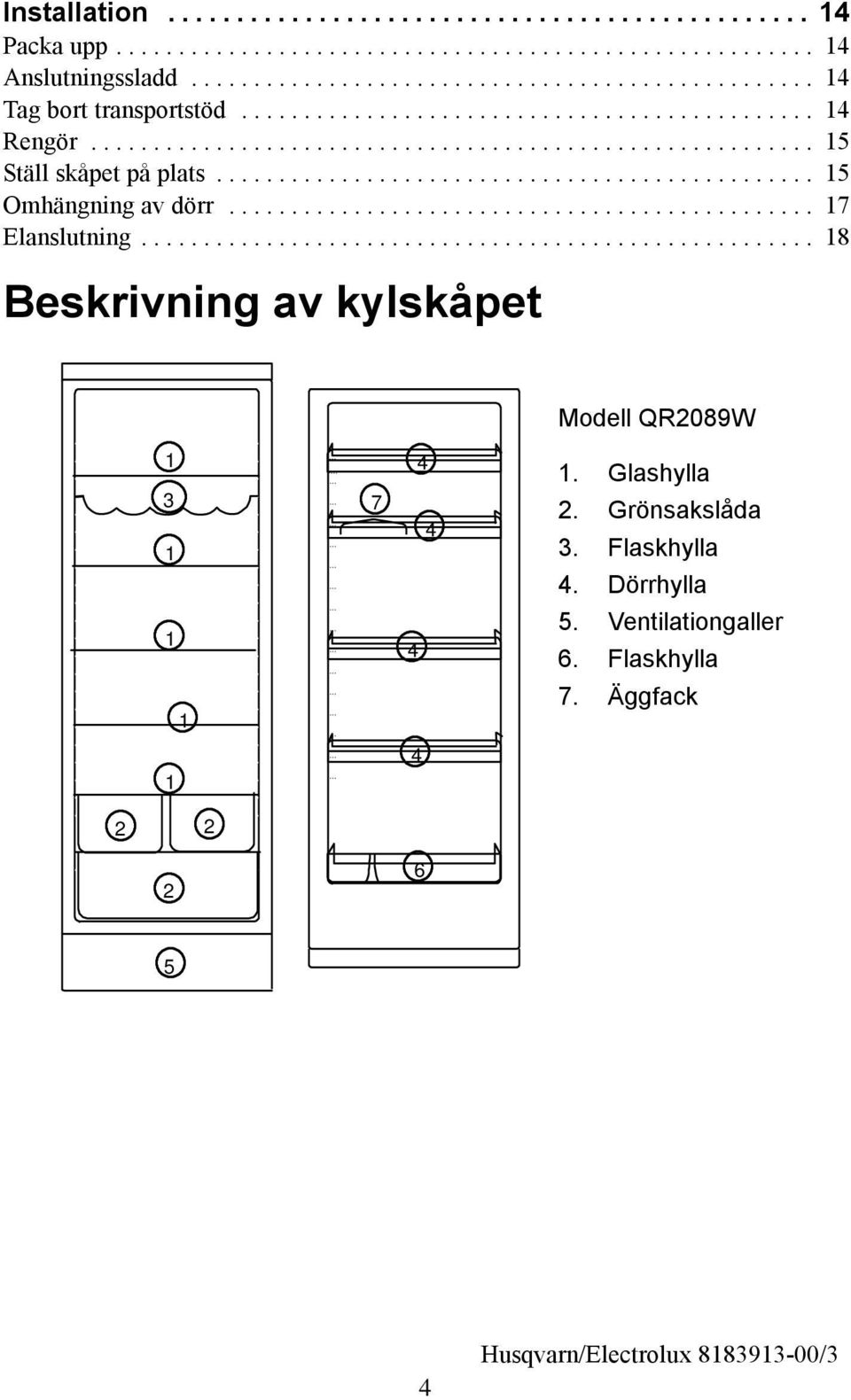 .. 8 Beskrivning av kylskåpet Modell QR2089W 3 7 4 4 4. Glashylla 2.