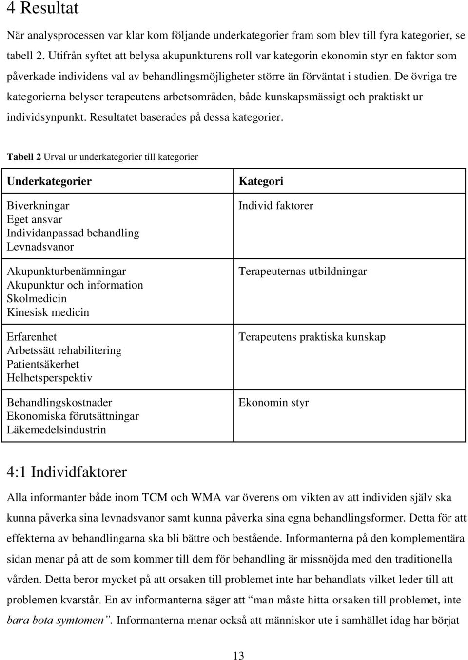 De övriga tre kategorierna belyser terapeutens arbetsområden, både kunskapsmässigt och praktiskt ur individsynpunkt. Resultatet baserades på dessa kategorier.