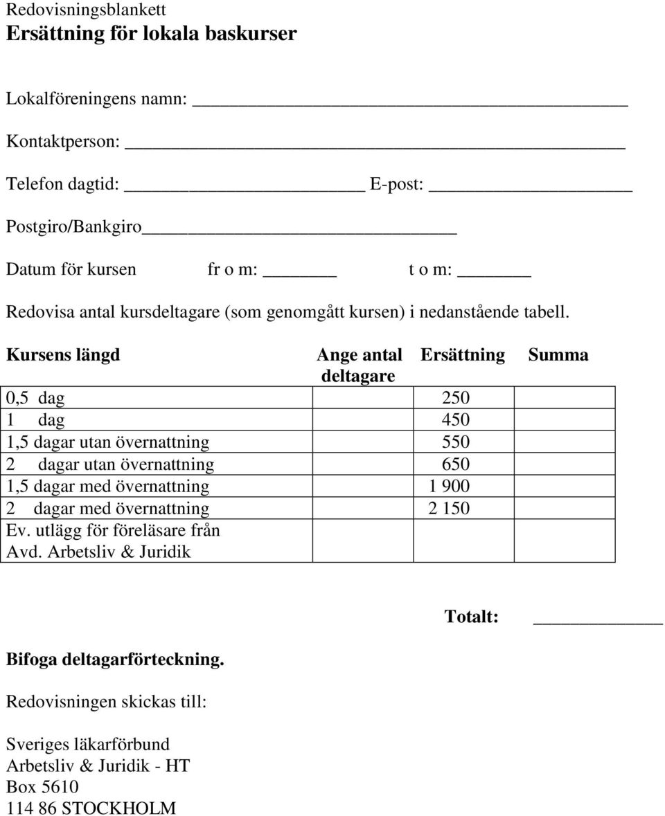 Kursens längd Ange antal Ersättning Summa deltagare 0,5 dag 250 1 dag 450 1,5 dagar utan övernattning 550 2 dagar utan övernattning 650 1,5 dagar med