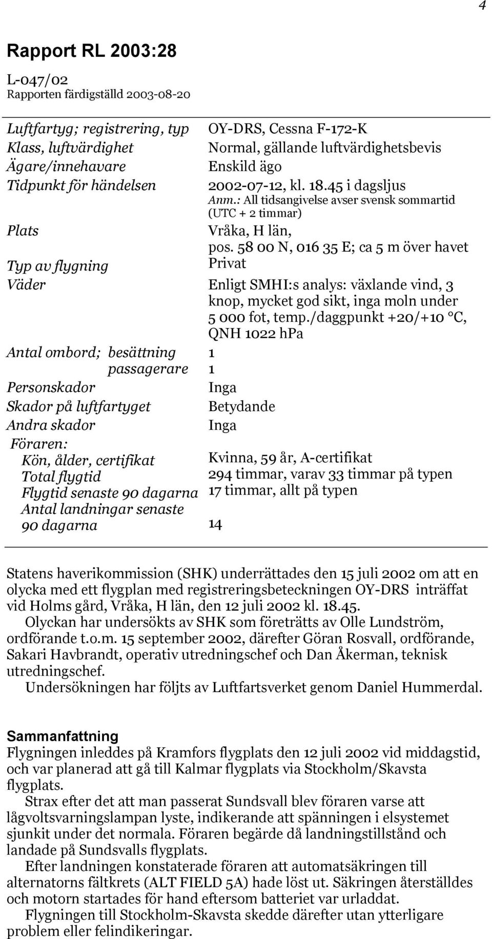 58 00 N, 016 35 E; ca 5 m över havet Privat Typ av flygning Väder Enligt SMHI:s analys: växlande vind, 3 knop, mycket god sikt, inga moln under 5 000 fot, temp.