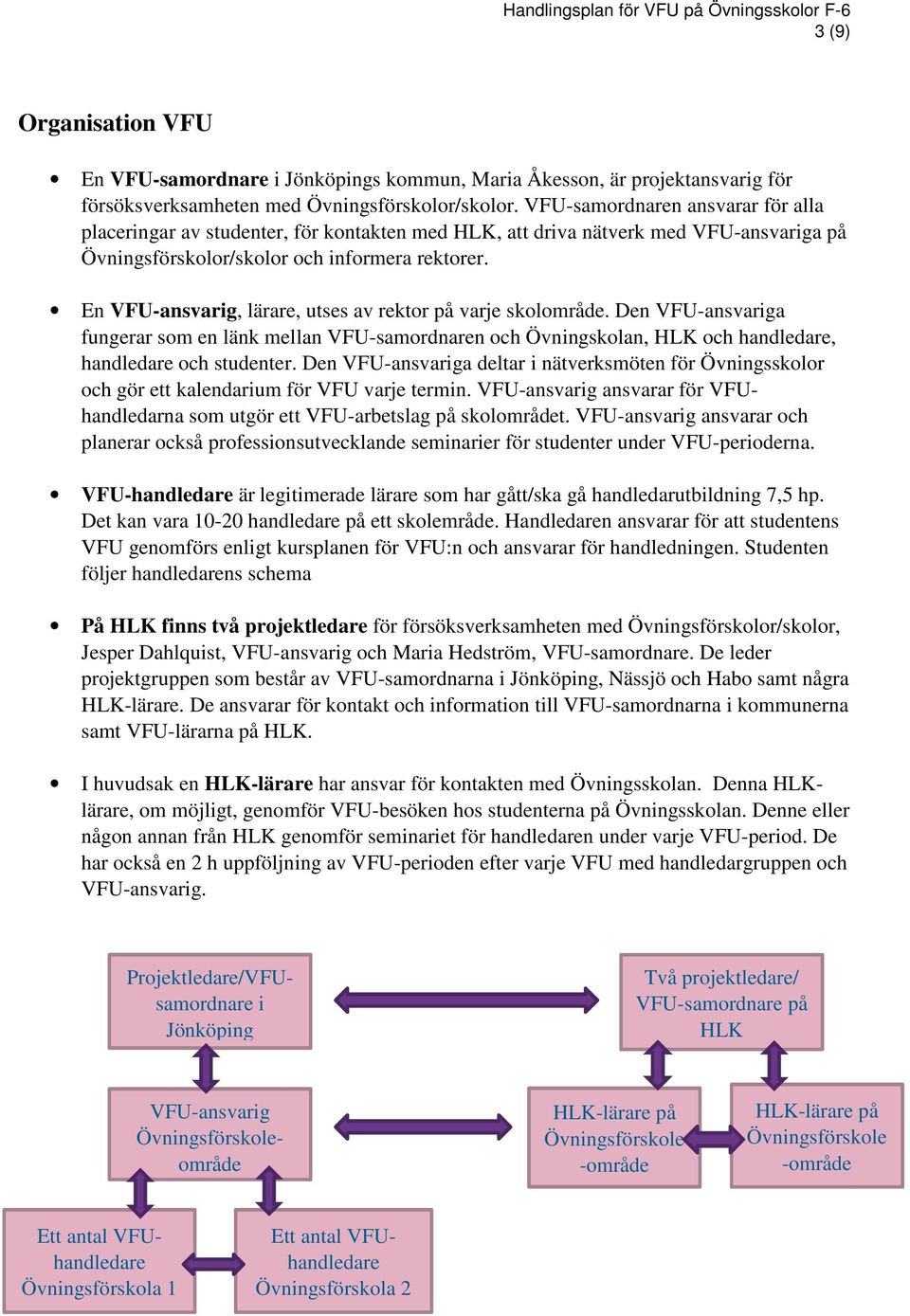 En VFU-ansvarig, lärare, utses av rektor på varje skolområde. Den VFU-ansvariga fungerar som en länk mellan VFU-samordnaren och Övningskolan, HLK och handledare, handledare och studenter.