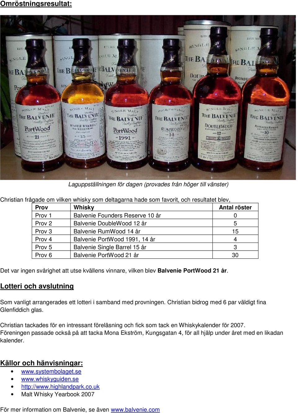 Balvenie PortWood 21 år 30 Det var ingen svårighet att utse kvällens vinnare, vilken blev Balvenie PortWood 21 år. Lotteri och avslutning Som vanligt arrangerades ett lotteri i samband med provningen.