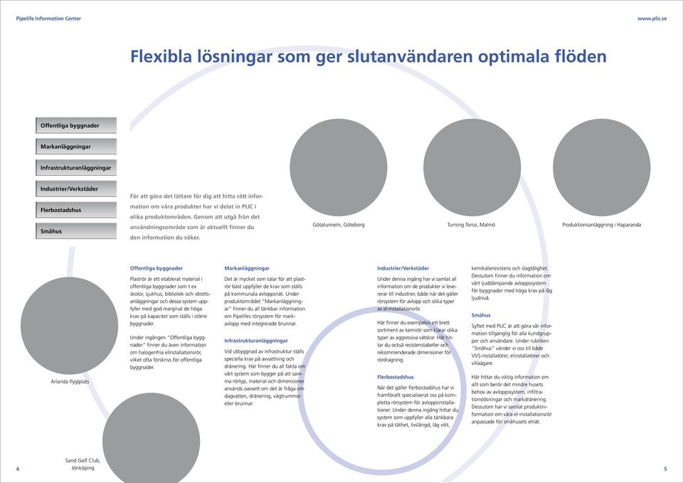 Götatunneln, Göteborg Turning Torso, Malmö Produktionsanläggning i Haparanda Arlanda flyglplats Offentliga byggnader Plaströr är ett etablerat material i offentliga byggnader som t ex skolor,