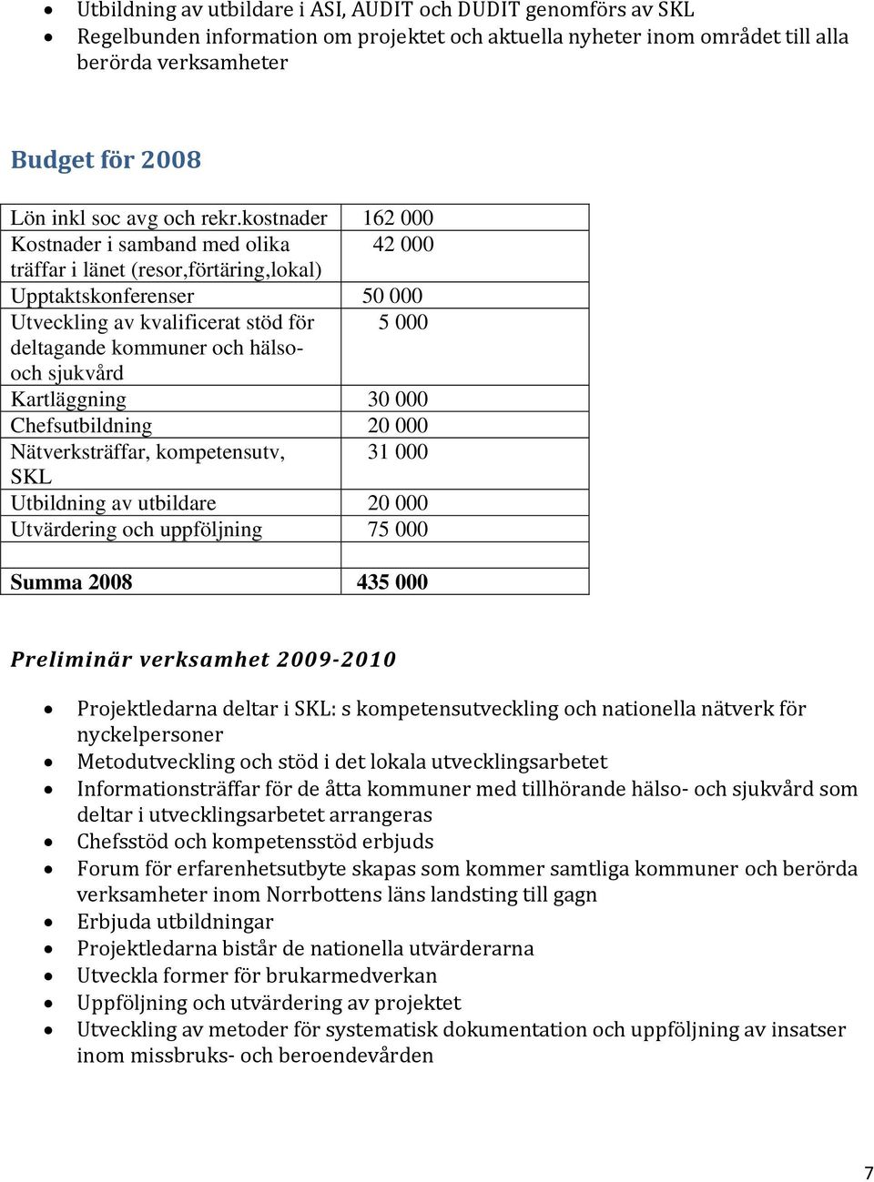 kostnader 162 000 Kostnader i samband med olika 42 000 träffar i länet (resor,förtäring,lokal) Upptaktskonferenser 50 000 Utveckling av kvalificerat stöd för 5 000 deltagande kommuner och hälsooch