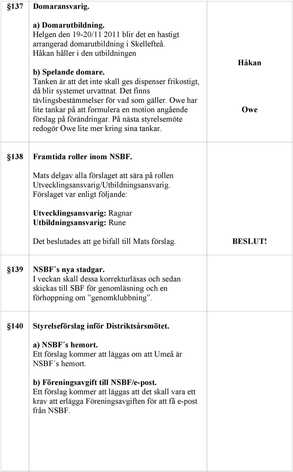 Owe har lite tankar på att formulera en motion angående förslag på förändringar. På nästa styrelsemöte redogör Owe lite mer kring sina tankar. Håkan Owe 138 Framtida roller inom NSBF.