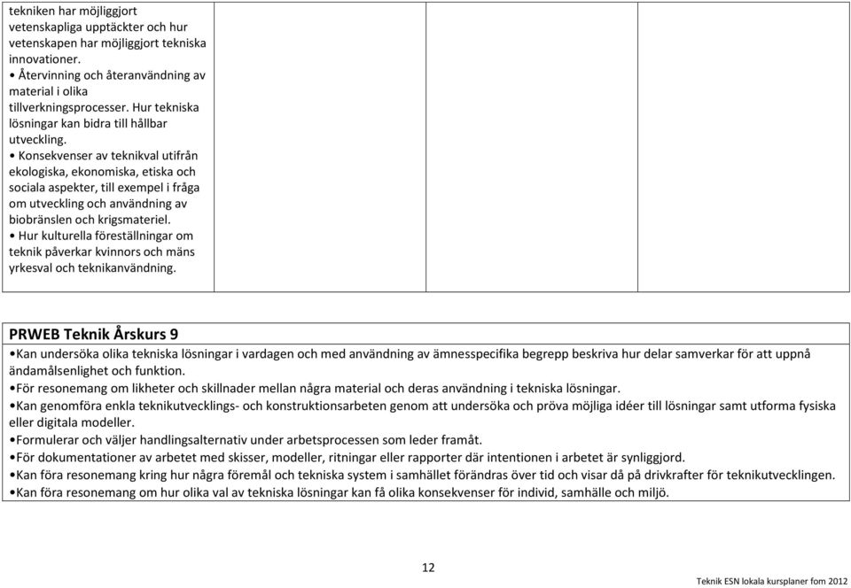 Konsekvenser av teknikval utifrån ekologiska, ekonomiska, etiska och sociala aspekter, till exempel i fråga om utveckling och användning av biobränslen och krigsmateriel.