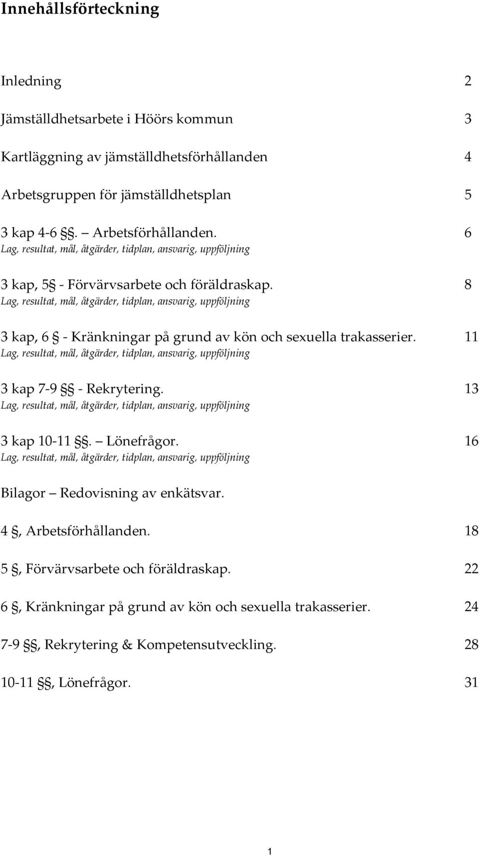 8 Lag, resultat, mål, åtgärder, tidplan, ansvarig, uppföljning 3 kap, 6 Kränkningar på grund av kön och sexuella trakasserier.