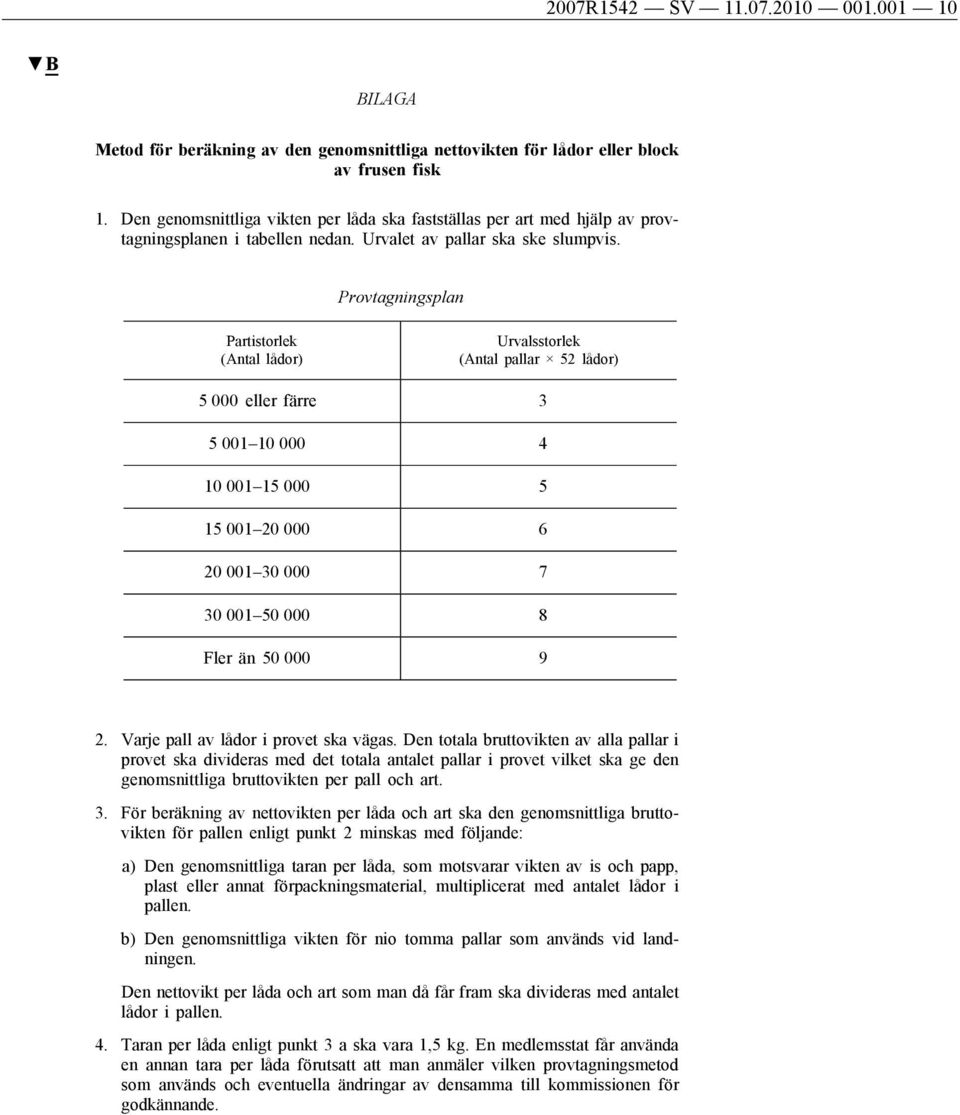 Provtagningsplan Partistorlek (Antal lådor) Urvalsstorlek (Antal pallar 52 lådor) 5 000 eller färre 3 5 001 10 000 4 10 001 15 000 5 15 001 20 000 6 20 001 30 000 7 30 001 50 000 8 Fler än 50 000 9 2.