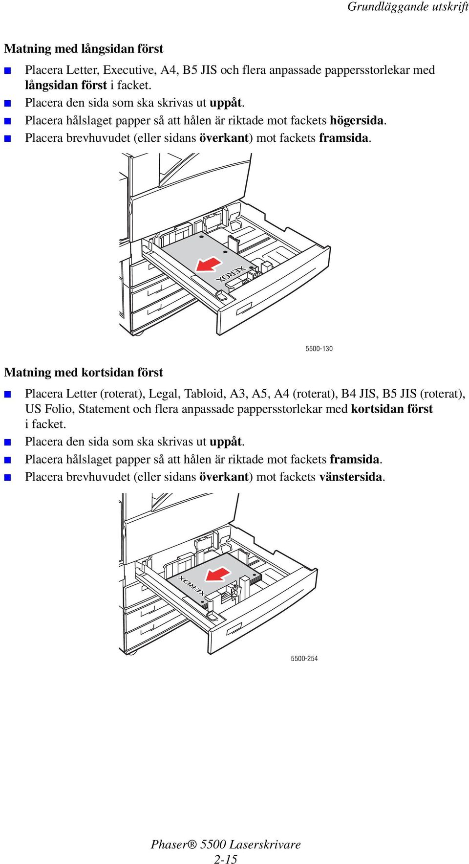 Matning med kortsidan först 5500-130 Placera Letter (roterat), Legal, Tabloid, A3, A5, A4 (roterat), B4 JIS, B5 JIS (roterat), US Folio, Statement och flera anpassade