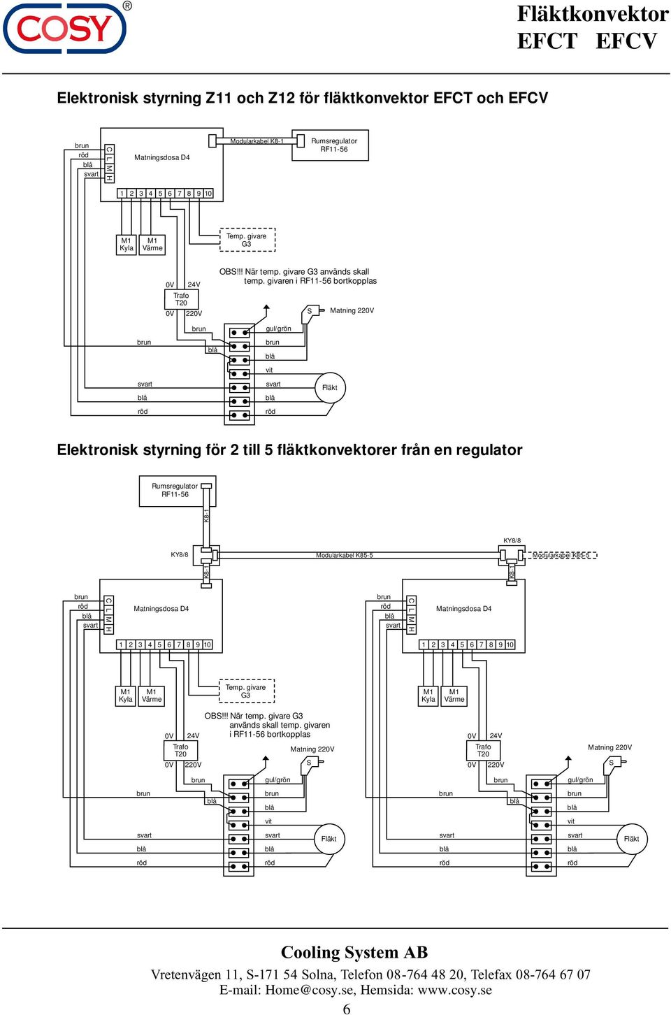 givaren i RF-56 bortkopplas Matning 0V Fläkt Elektronisk styrning för till 5 fläktkonvektorer från en regulator Rumsregulator RF-56 KY8/8 K8- K8- KY8/8 Modularkabel