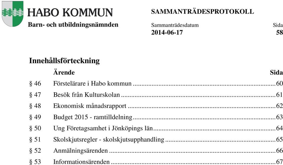 .. 62 49 Budget 2015 - ramtilldelning... 63 50 Ung Företagsamhet i Jönköpings län.