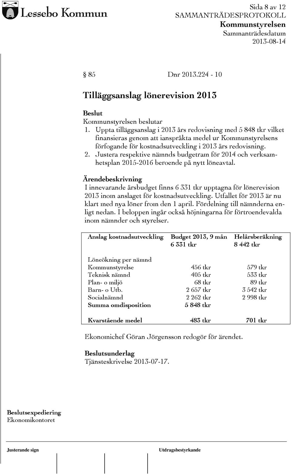 I innevarande årsbudget finns 6 331 tkr upptagna för lönerevision 2013 inom anslaget för kostnadsutveckling. Utfallet för 2013 är nu klart med nya löner from den 1 april.