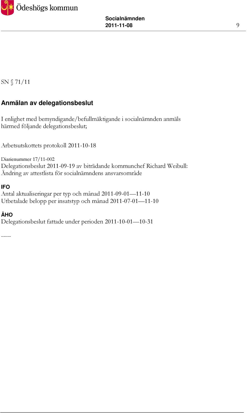 biträdande kommunchef Richard Weibull: Ändring av attestlista för socialnämndens ansvarsområde IFO Antal aktualiseringar per typ