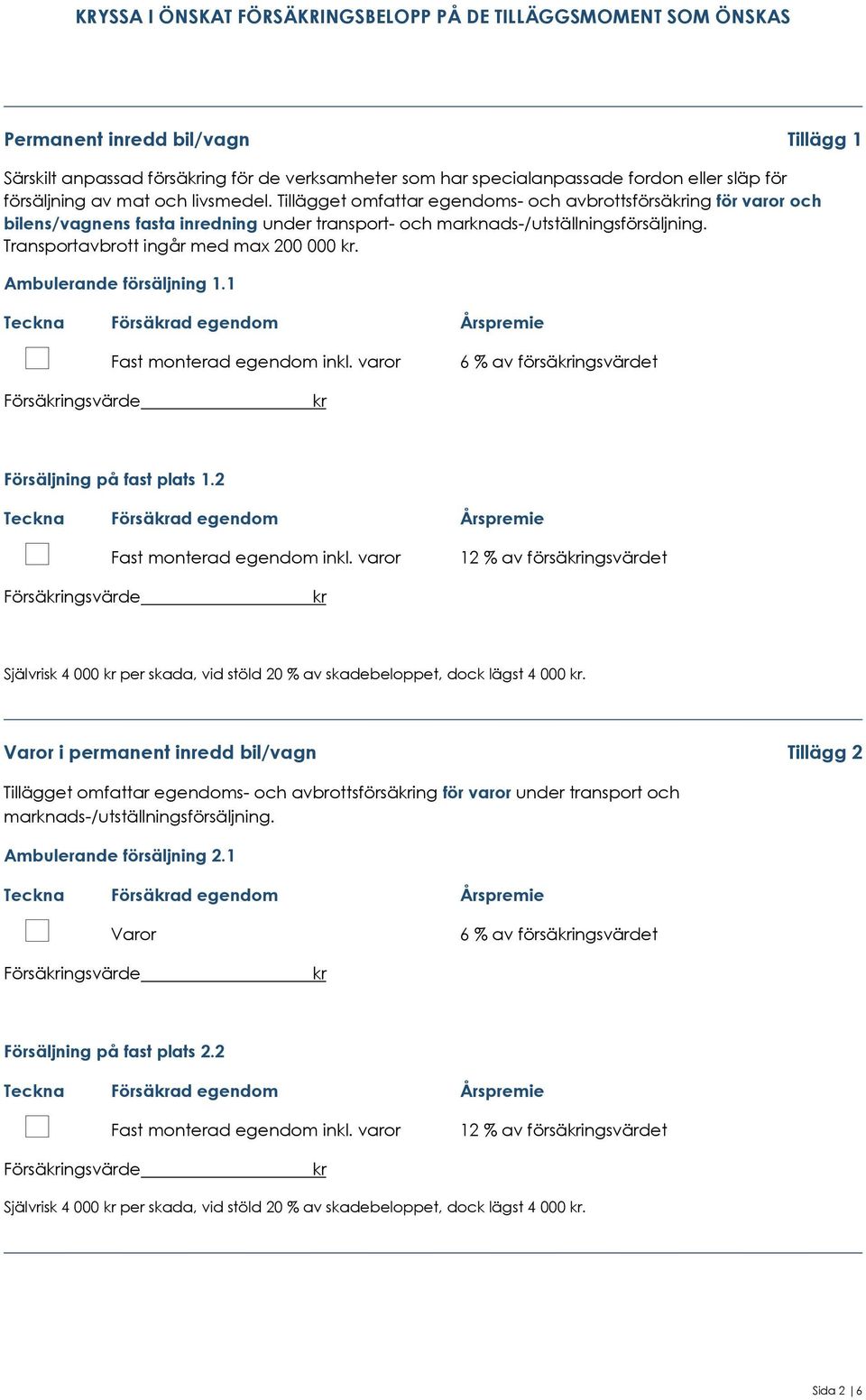 Transportavbrott ingår med max 200 000. Ambulerande försäljning 1.1 Teckna Försäad egendom Årspremie Fast monterad egendom inkl.