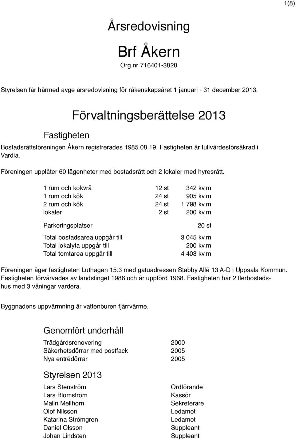 Föreningen upplåter 60 lägenheter med bostadsrätt och 2 lokaler med hyresrätt. 1 rum och kokvrå 12 st 342 kv.m 1 rum och kök 24 st 905 kv.m 2 rum och kök 24 st 1 798 kv.m lokaler 2 st 200 kv.