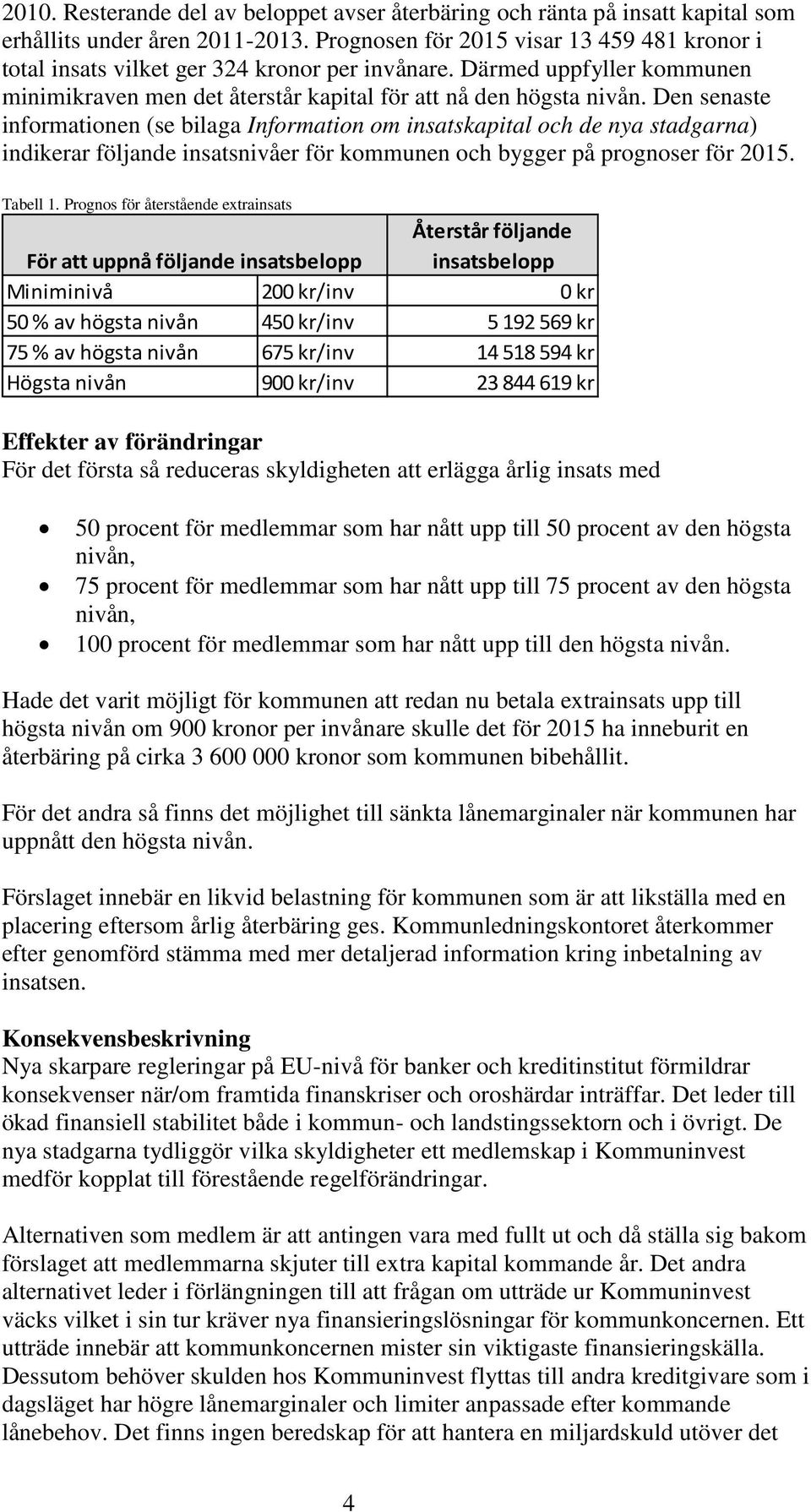 Den senaste informationen (se bilaga Information om insatskapital och de nya stadgarna) indikerar följande insatsnivåer för kommunen och bygger på prognoser för 2015. Tabell 1.