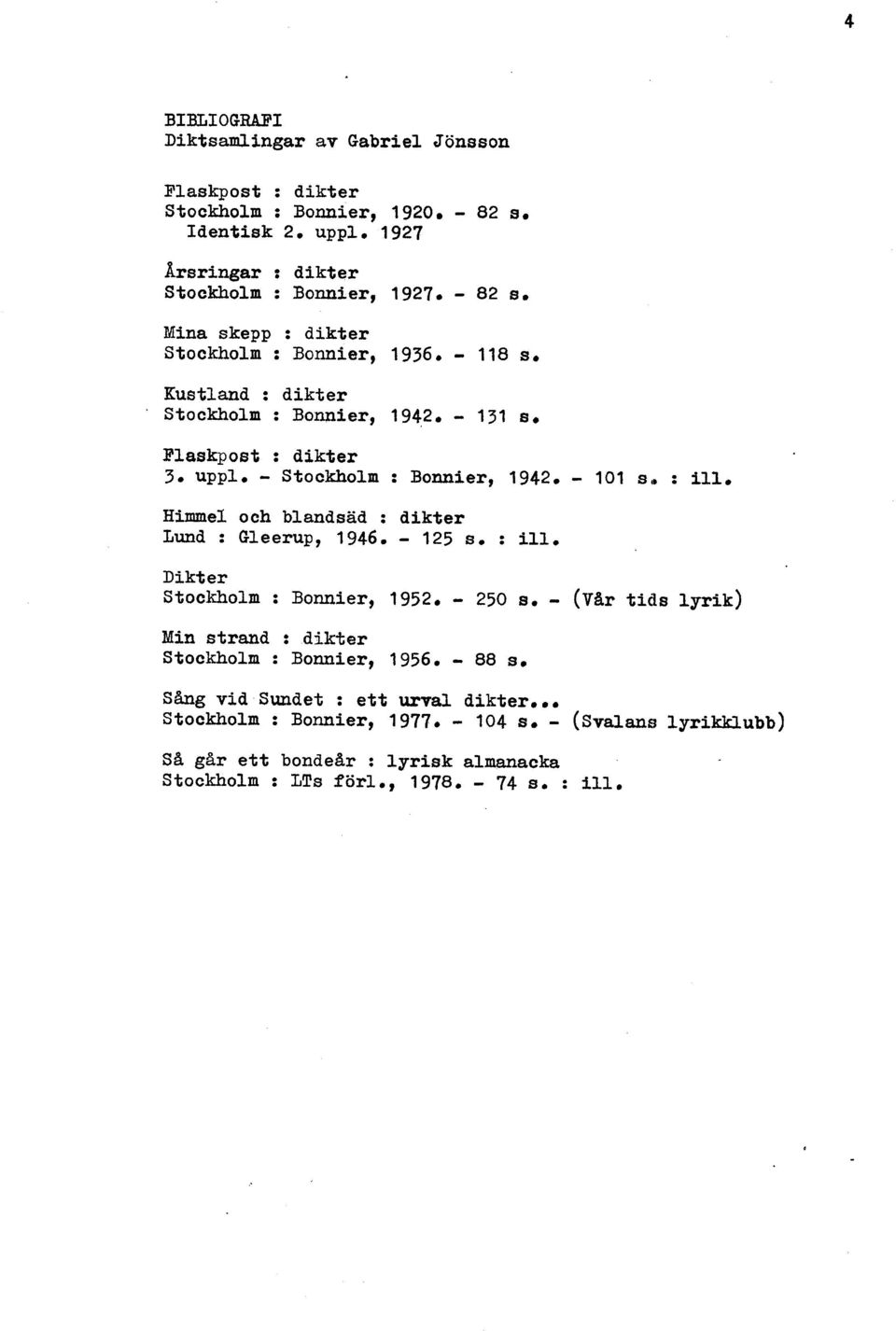 Himmel och blandsäd : dikter Lund : Gleerup, 1946. - 125 s. : ill. Dikt er Stockholm : Bonnier, 1952. - 250 s. - (var tids lyrik) Min strand : dikter Stockholm : Bonnier, 1956.