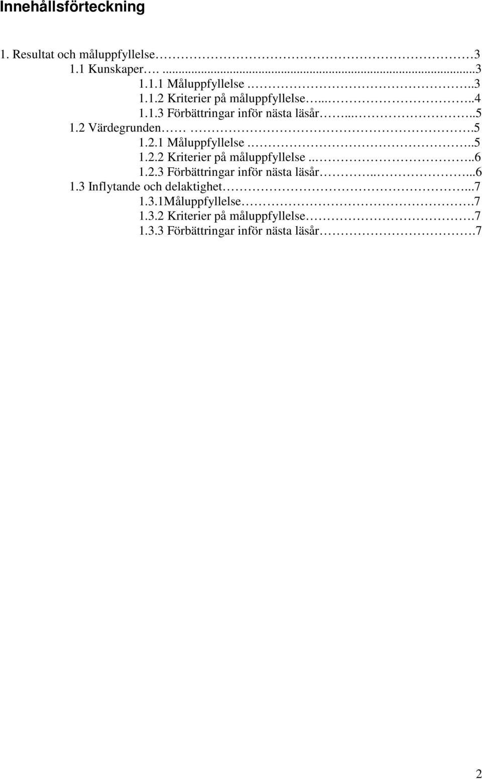 ...6 1.2.3 Förbättringar inför nästa läsår.....6 1.3 Inflytande och delaktighet...7 1.3.1Måluppfyllelse.7 1.3.2 Kriterier på måluppfyllelse.