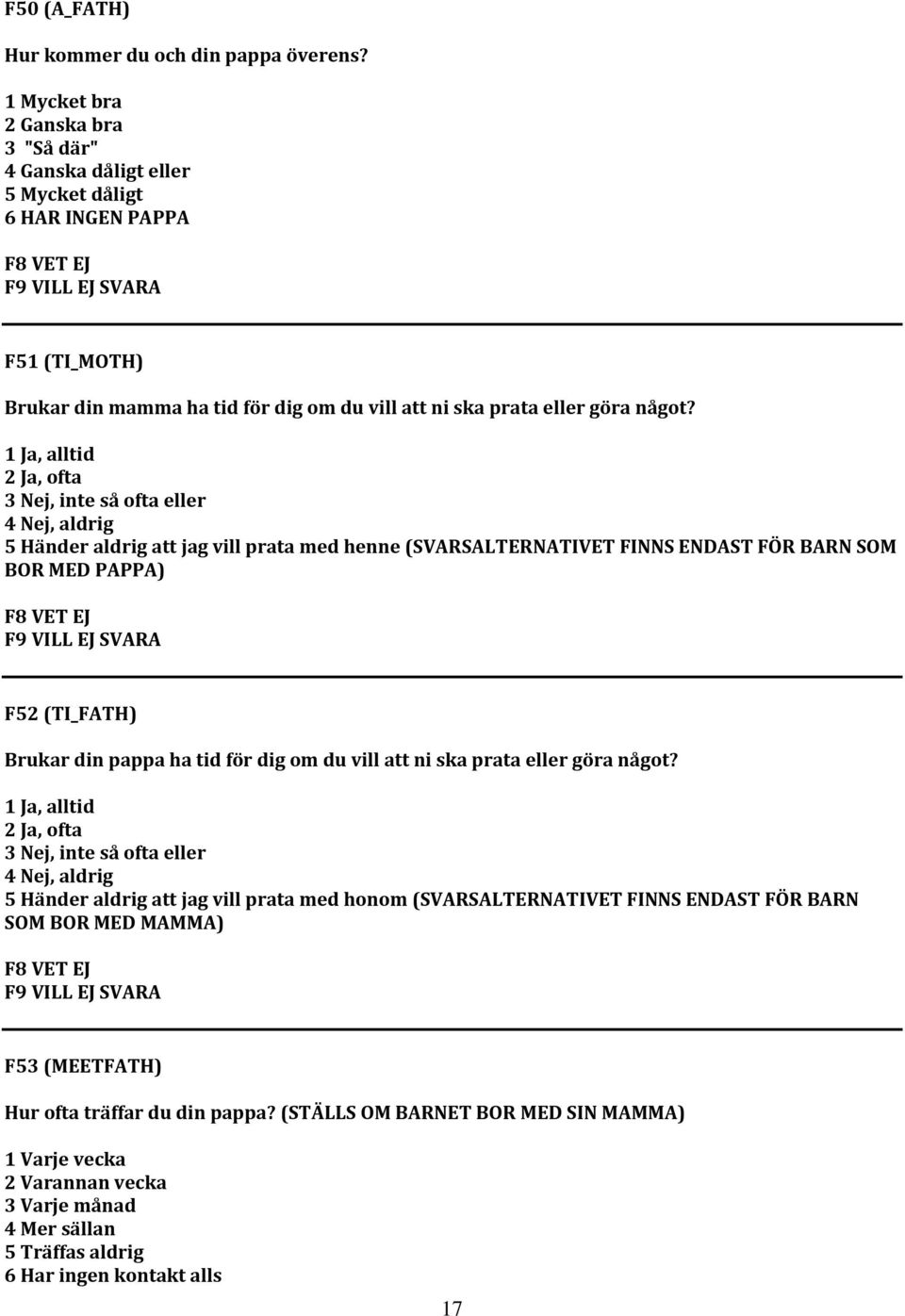 1 Ja, alltid 2 Ja, ofta 3 Nej, inte så ofta eller 4 Nej, aldrig 5 Händer aldrig att jag vill prata med henne (SVARSALTERNATIVET FINNS ENDAST FÖR BARN SOM BOR MED PAPPA) F52 (TI_FATH) Brukar din pappa