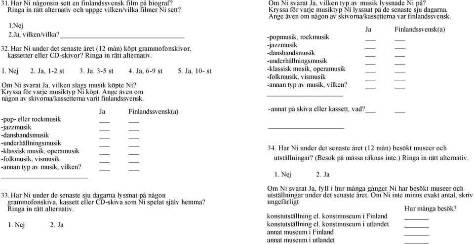 Kryssa för varje musiktyp Ni köpt. Ange även om någon av skivorna/kassetterna varit finlandssvensk.