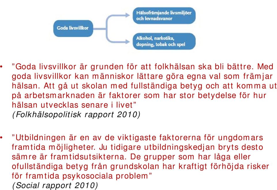 (Folkhälsopolitisk rapport 2010) Utbildningen är en av de viktigaste faktorerna för ungdomars framtida möjligheter.