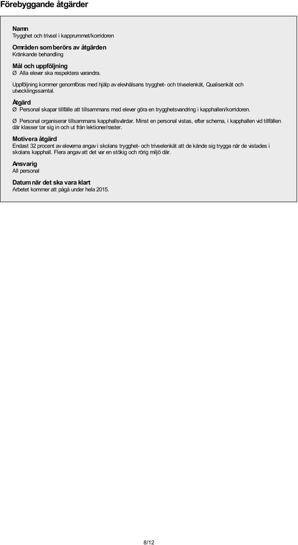 Åtgärd Ø Personal skapar tillfälle att tillsammans med elever göra en trygghetsvandring i kapphallen/korridoren. Ø Personal organiserar tillsammans kapphallsvärdar.