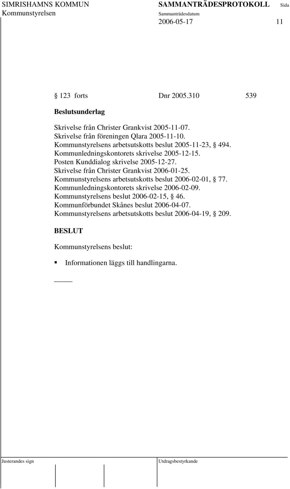 Posten Kunddialog skrivelse 2005-12-27. Skrivelse från Christer Grankvist 2006-01-25. s arbetsutskotts beslut 2006-02-01, 77.