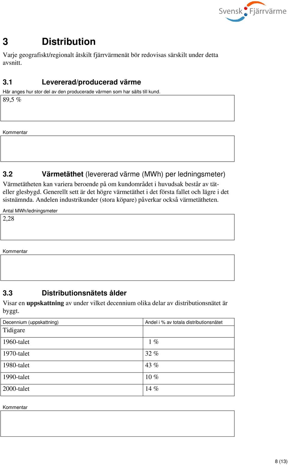 2 Värmetäthet (levererad värme (MWh) per ledningsmeter) Värmetätheten kan variera beroende på om kundområdet i huvudsak består av täteller glesbygd.