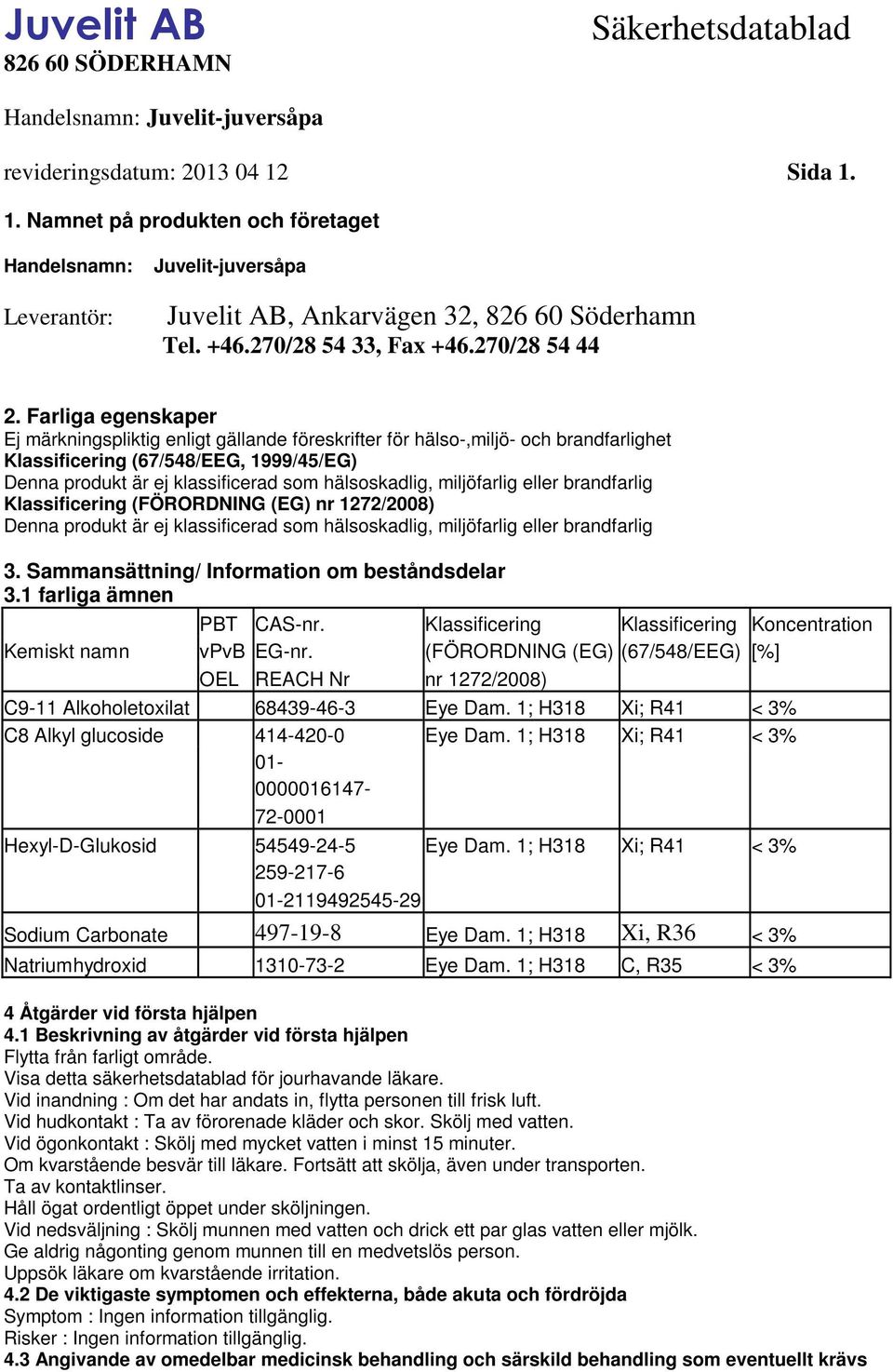 miljöfarlig eller brandfarlig Klassificering (FÖRORDNING (EG) nr 1272/2008) Denna produkt är ej klassificerad som hälsoskadlig, miljöfarlig eller brandfarlig 3.