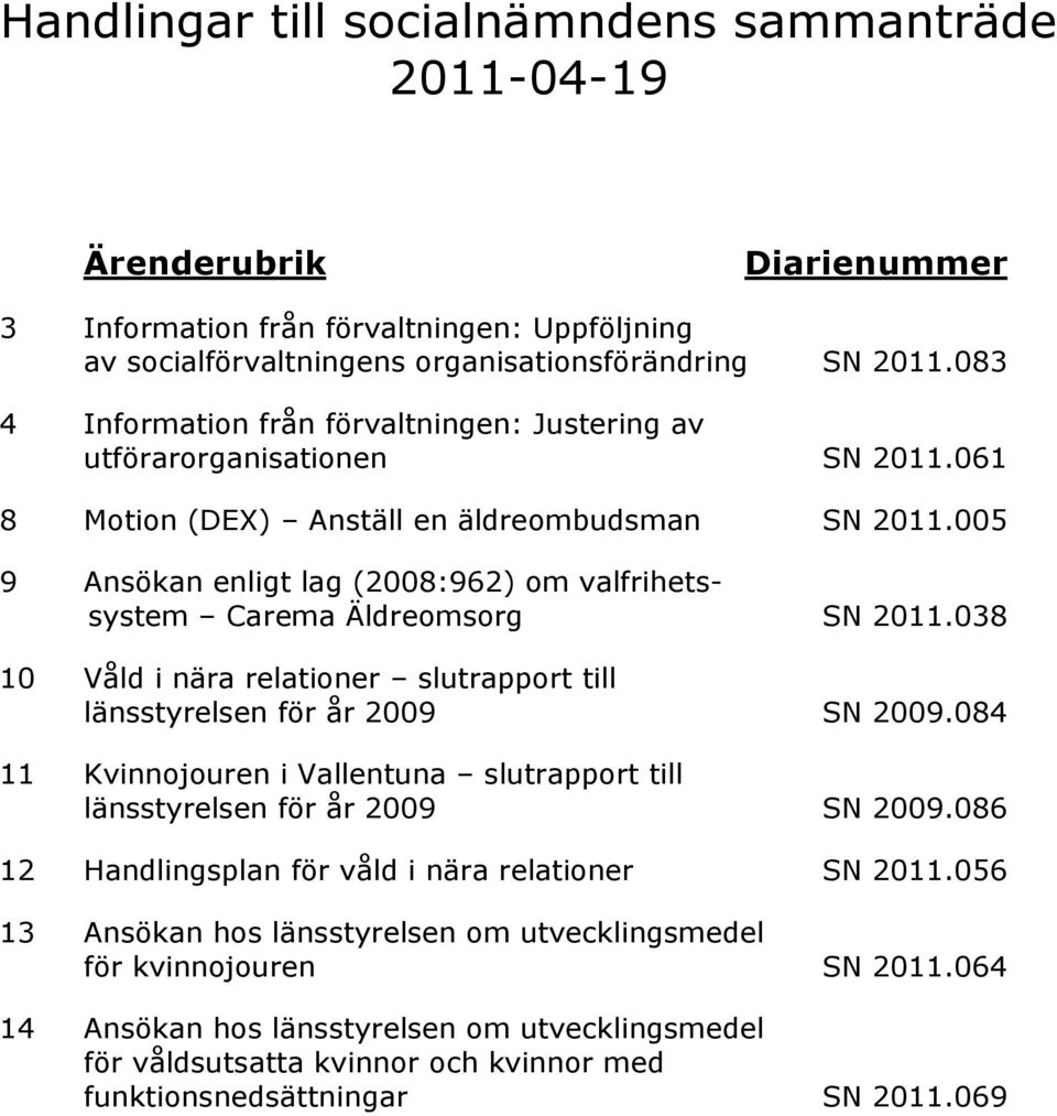 005 9 Ansökan enligt lag (2008:962) om valfrihetssystem Carema Äldreomsorg SN 2011.038 10 Våld i nära relationer slutrapport till länsstyrelsen för år 2009 SN 2009.