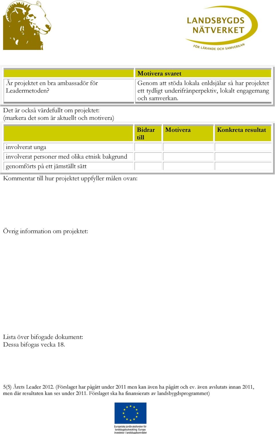 Det är också värdefullt om projektet: (markera det som är aktuellt och motivera) involverat unga involverat personer med olika etnisk bakgrund genomförts på